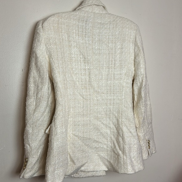 Zara Double Breasted Embossed Tweed Tailored Fit Ecru White Blazer Jacket - Picture 14 of 16